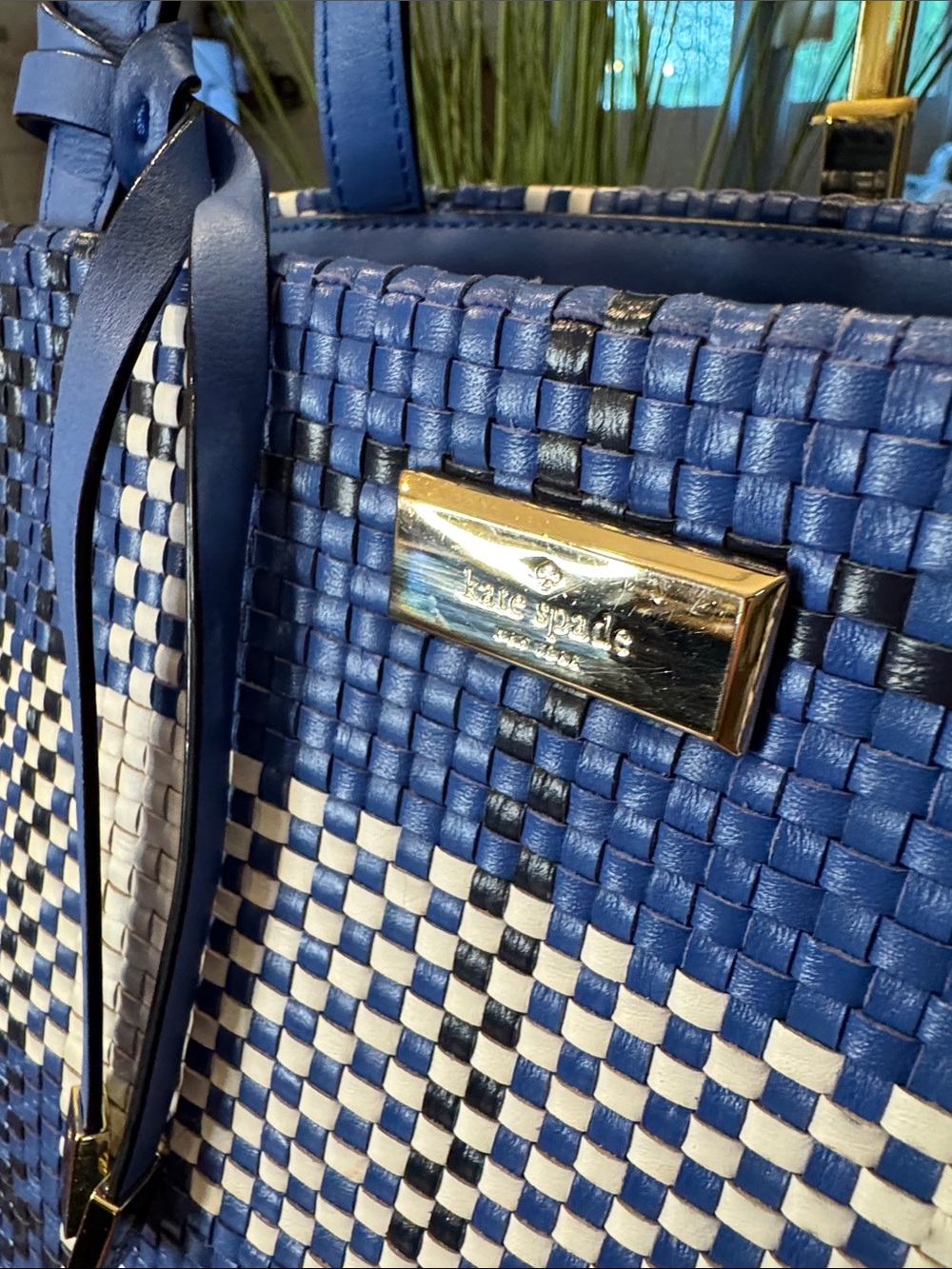 kate spade Blue and White Woven Plaid Tote - Picture 2 of 16